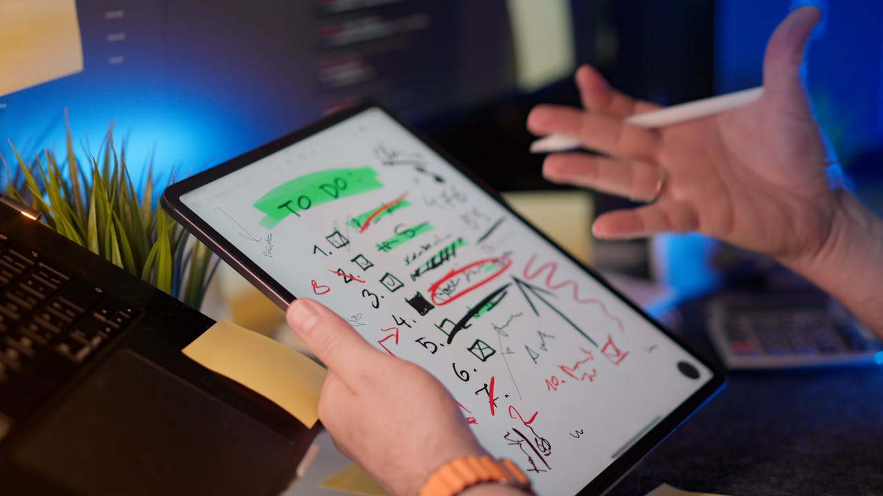 about-02 A person managing tasks on a tablet with a digital pen in a modern office setting.